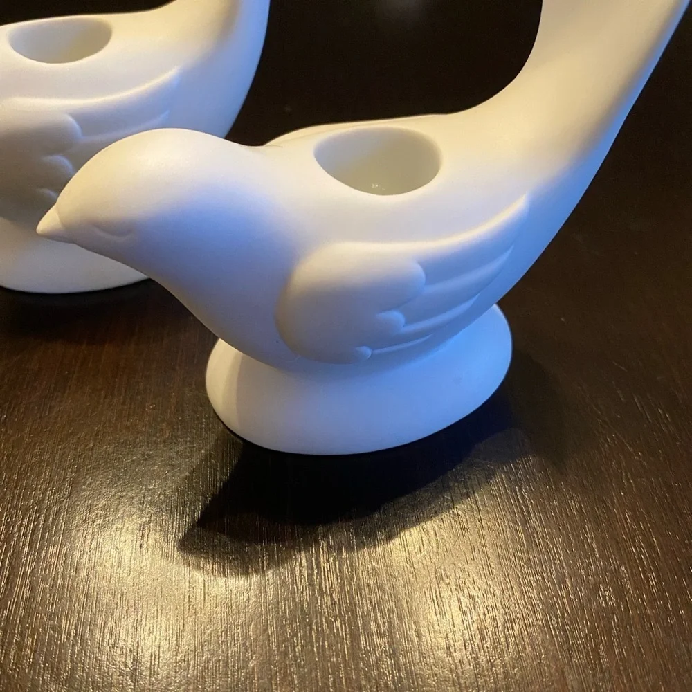 Avon Pair of White Bird Taper Vintage Candle Holders.